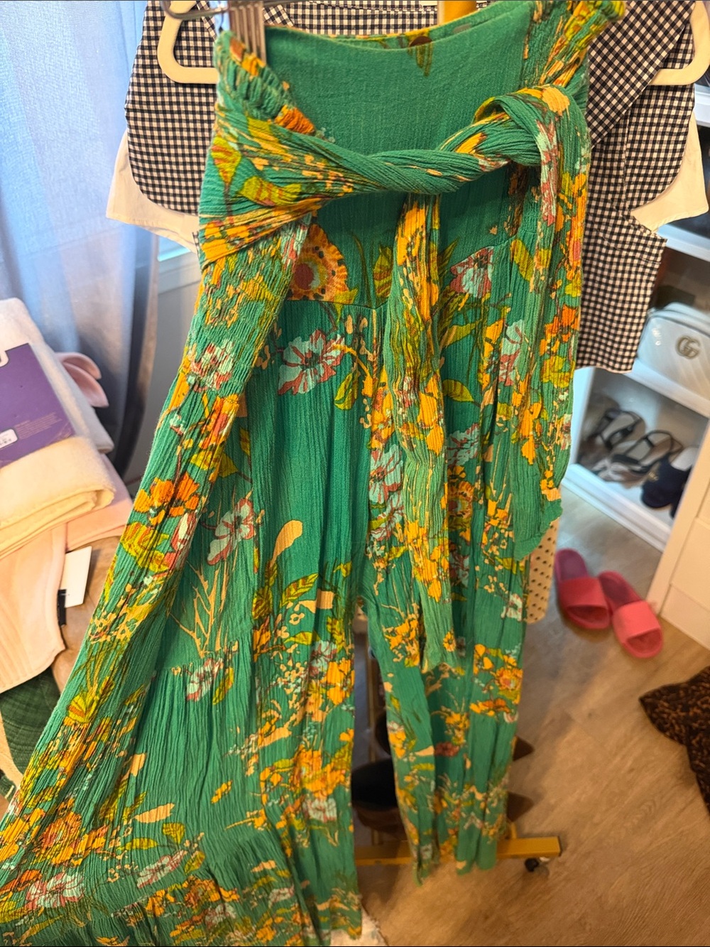 Free People Green Floral Wide-Leg Flowy Pant with Yellow Accents